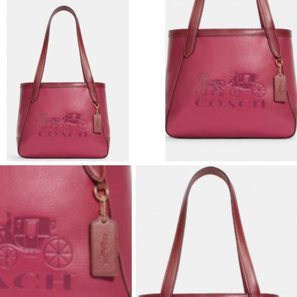 REDDISH VIOLET GOLD ACCENT COLOR BLOCK HORSE & CARRIAGE TOTE - Picture 4 of 12